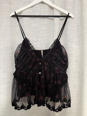 Free People Black Sheer Floral Spaghetti Strap Top